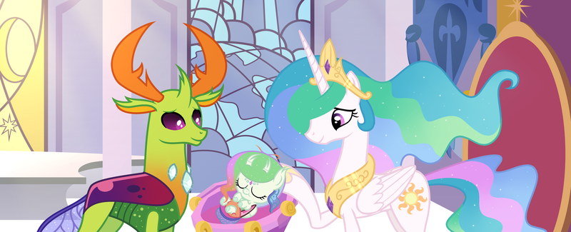 Size: 4985x2028 | Tagged: safe, artist:velveagicsentryyt, derpibooru import, princess celestia, thorax, oc, oc:flosun pollen, changedling, changeling, changepony, hybrid, pony, baby, baby pony, female, king thorax, male, offspring, parent:princess celestia, parent:thorax, parents:thoralestia, shipping, straight, thoralestia