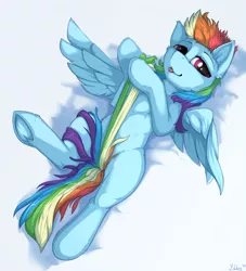 Size: 1164x1280 | Tagged: safe, artist:blackkaries, derpibooru import, rainbow dash, pegasus, pony, semi-anthro, female, fluffy, looking at you, mare, on back, solo, strategically covered, tail, tail pull, tongue out, wings