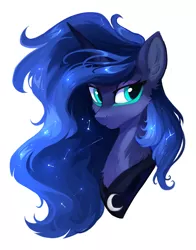 Size: 864x1100 | Tagged: safe, artist:hioshiru, derpibooru import, princess luna, alicorn, pony, bust, cheek fluff, chest fluff, constellation, cute, ear fluff, eyeshadow, female, horn, lunabetes, makeup, mare, missing accessory, peytral, simple background, solo, white background