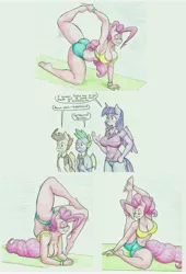 Size: 7720x11328 | Tagged: suggestive, artist:flicker-show, derpibooru import, pinkie pie, pound cake, spike, twilight sparkle, twilight sparkle (alicorn), alicorn, anthro, earth pony, plantigrade anthro, absurd resolution, armpits, backbend, big breasts, breasts, busty pinkie pie, busty twilight sparkle, clothes, comic, contortionist, dialogue, feet, female, flexible, male, mare, mobile phone, phone, pinkiespike, pound pie, shipping, shorts, simple background, straight, stretching, tanktop, traditional art, yoga