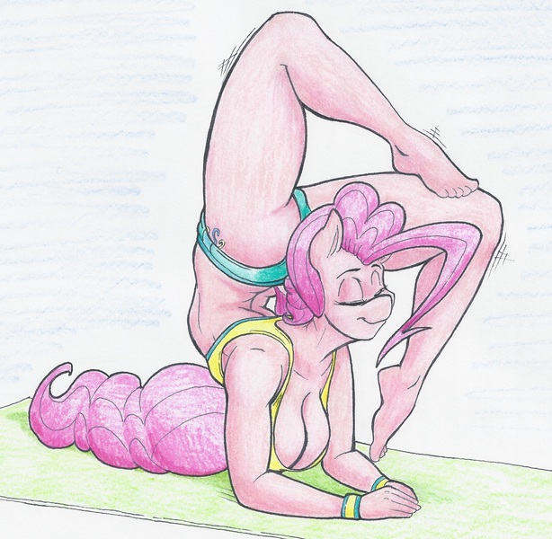 Size: 3777x3689 | Tagged: suggestive, artist:flicker-show, derpibooru import, pinkie pie, anthro, earth pony, plantigrade anthro, backbend, big breasts, breasts, busty pinkie pie, clothes, contortionist, female, flexible, mare, shorts, simple background, solo, solo female, stretching, tanktop, traditional art, yoga