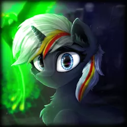 Size: 2000x2000 | Tagged: safe, artist:thefunnysmile, derpibooru import, oc, oc:pyrelight, oc:velvet remedy, balefire phoenix, phoenix, pony, unicorn, fallout equestria, fanfic, bust, chest fluff, city, ear fluff, fanfic art, female, fluffy, horn, looking at you, mare, moon, muzzle fluff, night, portrait, smiling, solo