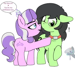 Size: 1202x1108 | Tagged: safe, artist:lockhe4rt, derpibooru import, diamond tiara, silver spoon, oc, oc:anon, oc:anonfilly, pony, blushing, collar, cross-popping veins, drawthread, female, filly, floppy ears, implied lesbian, implied shipping, implied silvertiara, jealous, lesbian, raised hoof, simple background, transparent background