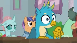 Size: 1920x1080 | Tagged: safe, derpibooru import, screencap, fine catch, gallus, ocellus, yona, changedling, changeling, gryphon, pony, unicorn, yak, a rockhoof and a hard place, female, friendship student, male, wide eyes