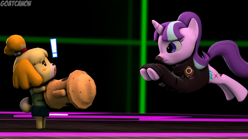 Size: 3840x2160 | Tagged: 3d, animal crossing, artist:goatcanon, communism, crossover, derpibooru import, dog, duo, facial hair, fight, final destination, gyroid, isabelle, moustache, safe, source filmmaker, stalin glimmer, starlight glimmer, super smash bros., wrong cutie mark