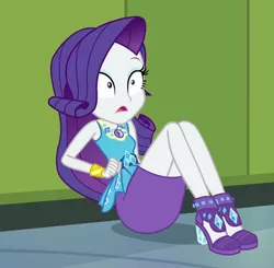 Size: 728x713 | Tagged: safe, derpibooru import, screencap, rarity, best trends forever, equestria girls, equestria girls series, best trends forever: rainbow dash, canterlot high, clothes, female, geode of shielding, hallway, high heels, legs, lockers, magical geodes, pencil skirt, shocked, shoes, skirt