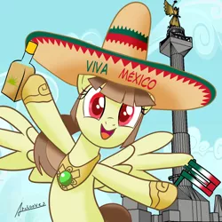Size: 1810x1810 | Tagged: safe, artist:archooves, derpibooru import, oc, oc:tailcoatl, ponified, pegasus, pony, alcohol, cute, female, food, hat, independence day, mexican, mexican independence day, mexico, mexico city, nation ponies, rattle, sketchup, solo, spanish, tequila