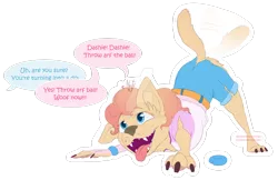 Size: 1600x1039 | Tagged: safe, artist:najti, derpibooru import, pinkie pie, dog, golden retriever, equestria girls, age regression, clothes, colored, commission, deviantart watermark, excited, flat colors, full body, implied rainbow dash, looking up, obtrusive watermark, offscreen character, puppy, puppy pie, ripping clothes, simple background, smiling, solo, speech bubble, speech change, tail, tail wag, tongue out, transformation, transparent background, watermark