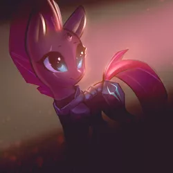 Size: 1036x1036 | Tagged: safe, artist:mirroredsea, derpibooru import, fizzlepop berrytwist, tempest shadow, pony, unicorn, armor, broken horn, cute, eye scar, female, horn, mare, scar, solo, tempestbetes