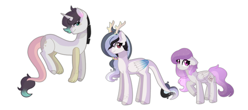 Size: 3463x1537 | Tagged: safe, artist:moon-rose-rosie, derpibooru import, oc, oc:entropy, oc:flawless harmony, oc:sunrise, unofficial characters only, draconequus, hybrid, pegasus, pony, female, interspecies offspring, male, mare, offspring, parent:discord, parent:princess celestia, parents:dislestia, simple background, transparent background