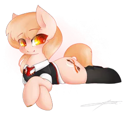 Size: 2350x2100 | Tagged: artist:ark nw, beautiful, blonde, blushing, clothes, cute, cutie mark, derpibooru import, female, floppy ears, looking at you, lying down, oc, oc:andriana alione, orange eyes, safe, simple background, smiling, socks, solo, stockings, thick, thigh highs, transparent background, uniform, unofficial characters only