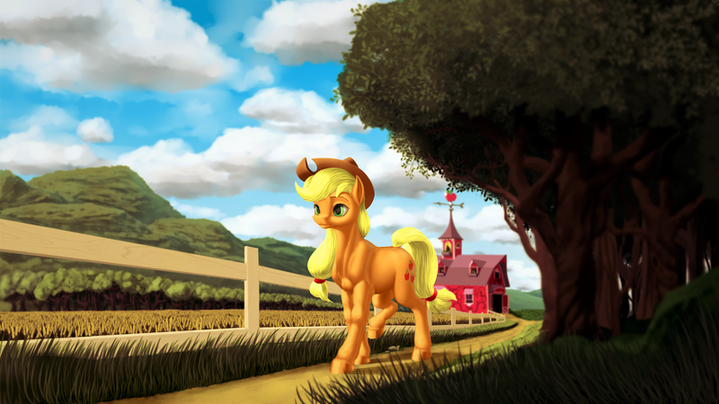 Size: 2560x1440 | Tagged: safe, artist:samum41, derpibooru import, applejack, earth pony, pony, barn, cloud, female, fence, food, grass, hat, mare, scenery, solo, sweet apple acres, tree, walking, wheat