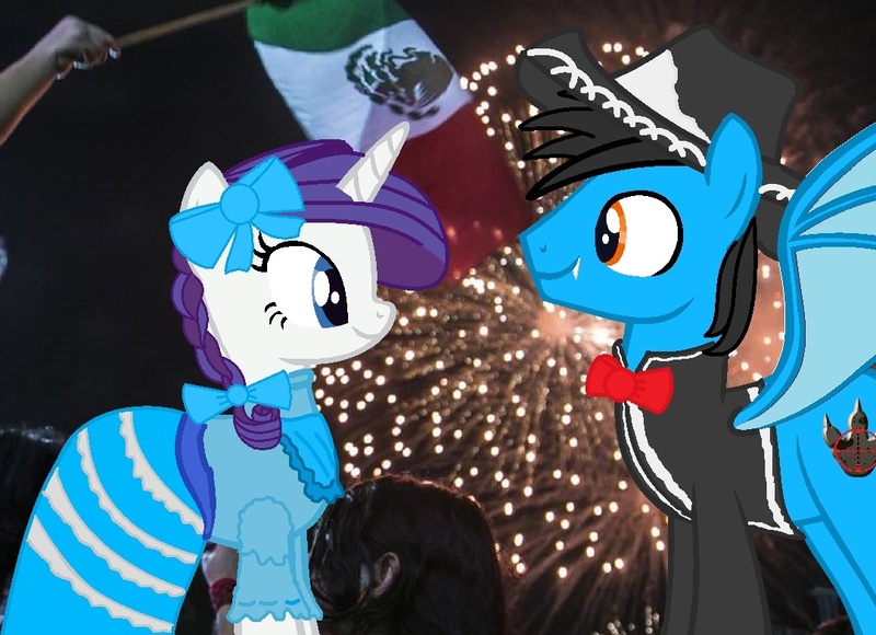 Size: 1082x784 | Tagged: safe, artist:ds59, derpibooru import, rarity, oc, oc:dragun shot, dracony, dragon, hybrid, pony, alternate hairstyle, canon x oc, charro, drarity, fireworks, independence day, mexican, mexican flag, mexican independence day, mexico, september 16th