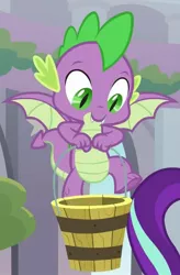 Size: 645x985 | Tagged: a matter of principals, bucket, cropped, derpibooru import, dragon, flying, male, offscreen character, safe, screencap, spike, starlight glimmer, winged spike, wings