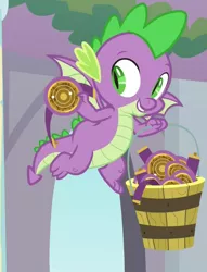 Size: 827x1080 | Tagged: a matter of principals, bucket, cropped, derpibooru import, dragon, flying, male, safe, screencap, smiling, spike, winged spike, wings