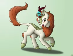 Size: 4000x3067 | Tagged: safe, artist:starlessnight22, derpibooru import, autumn blaze, kirin, sounds of silence, absurd resolution, blushing, ear fluff, female, glowing horn, green background, horn, inkscape, looking at you, open mouth, prancing, raised hoof, scales, simple background, solo, tongue out, trotting, vector