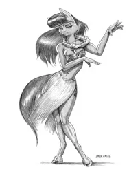 Size: 1000x1330 | Tagged: safe, artist:baron engel, derpibooru import, octavia melody, anthro, earth pony, unguligrade anthro, breasts, cleavage, clothes, female, grass skirt, grayscale, hawaii, hawaiian, hula, hula dance, lei, monochrome, pencil drawing, simple background, sketch, skirt, smiling, solo, traditional art, white background