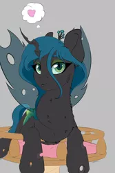 Size: 2000x3000 | Tagged: safe, artist:skitsniga, derpibooru import, queen chrysalis, changeling, female, fluffy, heart, looking at you, solo, thought bubble