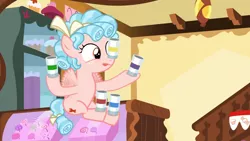 Size: 1920x1080 | Tagged: safe, derpibooru import, screencap, cozy glow, pegasus, pony, marks for effort, season 8, spoiler:s08, balancing, bow, cozybetes, cute, female, filly, flying, foal, hair bow, ponies balancing stuff on their nose, ringlets, tail bow, tongue out