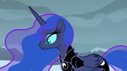 Size: 1920x1080 | Tagged: alicorn, armor, artist:sillyfillystudios, derpibooru import, fall of the crystal empire, female, foreshadowing, internal conflict, nightmare luna, nightmare moon, princess luna, sad, safe, slit eyes, thinking