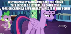 Size: 1029x500 | Tagged: safe, derpibooru import, edit, edited screencap, screencap, spike, twilight sparkle, twilight sparkle (alicorn), alicorn, dragon, pony, a rockhoof and a hard place, caption, discovery family, discovery family logo, female, image macro, male, mare, meme, text, winged spike