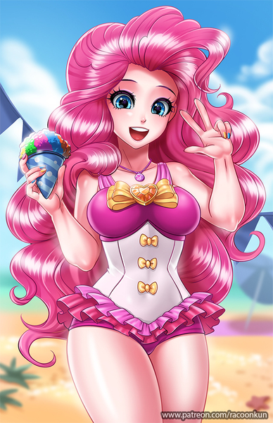 Size: 750x1160 | Tagged: safe, artist:racoonsan, derpibooru import, pinkie pie, human, equestria girls, equestria girls series, too hot to handle, adorasexy, anime, beach, beach babe, beautiful, bow swimsuit, clothes, curvy, cute, diapinkes, female, frilled swimsuit, geode of sugar bombs, humanized, jewelry, looking at you, magical geodes, nail polish, necklace, one-piece swimsuit, open mouth, peace sign, pink swimsuit, ponk, sexy, smiling, snowcone, solo, standing, stupid sexy pinkie, swimsuit, thighs, tricolor swimsuit