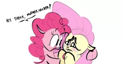 Size: 1653x865 | Tagged: safe, artist:hattsy, derpibooru import, fluttershy, pinkie pie, earth pony, pegasus, pony, blushing, bust, crying, dialogue, duo, eye contact, female, floppy ears, frown, heck, hug, lidded eyes, lip bite, looking at each other, mare, open mouth, sad, simple background, smiling, wat, white background