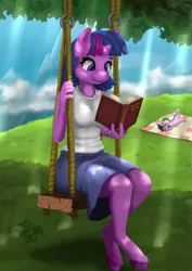 Size: 1447x2047 | Tagged: alicorn, anthro, artist:mik3thestrange, baby, baby dragon, book, clothes, cute, derpibooru import, dragon, female, outdoors, picnic blanket, reading, safe, smiling, spike, swing, tree, twilight sparkle, twilight sparkle (alicorn), unguligrade anthro