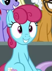 Size: 247x335 | Tagged: safe, derpibooru import, screencap, bluebonnet, earth pony, pegasus, pony, the washouts (episode), background pony, blue bon, discovery family logo, female, grin, happy, mare, smiling, solo focus