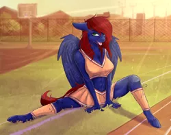 Size: 4134x3265 | Tagged: safe, artist:belorahels, derpibooru import, oc, oc:night coder, unofficial characters only, anthro, pegasus, unguligrade anthro, anthro oc, basketball court, belly button, blurred background, bra, cheerleader, clothes, digital art, female, fence, grass, hair over one eye, leggings, legs, looking at you, mare, midriff, miniskirt, open mouth, pleated skirt, red hair, red mane, red tail, running track, sitting, skirt, solo, sports bra, tongue out, underwear, wings