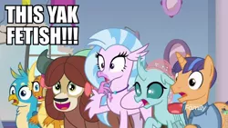 Size: 960x540 | Tagged: safe, derpibooru import, edit, edited screencap, screencap, fine catch, gallus, ocellus, silverstream, smolder, yona, changedling, changeling, dragon, gryphon, hippogriff, pony, unicorn, yak, a rockhoof and a hard place, caption, dragoness, female, fetish, friendship student, image macro, male, meme, stallion, text, that is my fetish, varying degrees of want