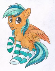 Size: 796x1013 | Tagged: safe, artist:red plume, derpibooru import, oc, oc:naarkerotics, unofficial characters only, clothes, socks, solo, striped socks, traditional art