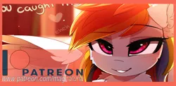 Size: 1400x683 | Tagged: safe, artist:magnaluna, derpibooru import, rainbow dash, advertisement, chest fluff, cropcon, cropped, cropped porn, dialogue, patreon, patreon logo, patreon preview