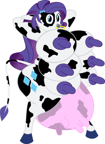 Size: 2578x3521 | Tagged: questionable, artist:shitigal-artust, derpibooru import, edit, rarity, anthro, cow, unguligrade anthro, equestria girls, arm behind head, big breasts, big crotchboobs, breasts, breasts plus udder, cowified, crotchboobs, erect nipples, female, hairclip, huge breasts, huge crotchboobs, impossibly large breasts, impossibly large crotchboobs, long nipples, multiboob, nipples, nose piercing, nose ring, nudity, piercing, raricow, simple background, smiling, solo, solo female, species swap, thick, transparent background, udder