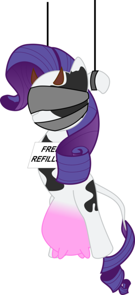 Size: 1592x3480 | Tagged: artist:shitigal-artust, blindfold, bondage, cloth gag, cow, cowified, cow pony, cuffs, derpibooru import, drink dispenser, exhibitionism, female, femsub, gag, humiliation, implied milking, living object, public use, raricow, rarity, safe, sign, simple background, solo, species swap, submissive, suspended, transparent background, udder