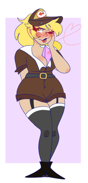 Size: 929x1920 | Tagged: artist:cubbybatdoodles, between breasts, blushing, breasts, clothes, derpibooru import, derpy hooves, ditzy doo, envelope, human, humanized, one eye closed, socks, suggestive, thigh highs, uniform