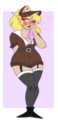 Size: 929x1920 | Tagged: artist:cubbybatdoodles, between breasts, blushing, breasts, clothes, derpibooru import, derpy hooves, ditzy doo, envelope, human, humanized, one eye closed, socks, suggestive, thigh highs, uniform