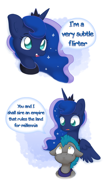 Size: 7631x13559 | Tagged: safe, artist:adequality, artist:tjpones, derpibooru import, princess luna, alicorn, pony, abstract background, absurd file size, absurd resolution, blatant lies, bust, comic, dialogue, female, flirt, flirting, floppy ears, guard, guardluna, male, mare, night guard, royal guard, speech bubble, stallion, subtle as a train wreck