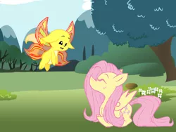 Size: 1024x768 | Tagged: safe, artist:azulmimi99, derpibooru import, fluttershy, pegasus, pony, crossover, eyes closed, faerie, flying, kacheek, mountain, neopets, smiling, tree