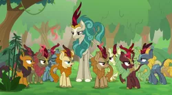 Size: 1022x569 | Tagged: a kirin tale, angry, background kirin, cinder glow, cloven hooves, crowd, derpibooru import, fern flare, forest fall, frown, kirin, maple brown, pumpkin smoke, rain shine, safe, screencap, sounds of silence, sparkling brook, spoiler:s08, spring glow, summer flare, winter flame