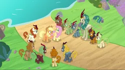 Size: 1022x576 | Tagged: safe, derpibooru import, screencap, applejack, autumn afternoon, autumn blaze, cinder glow, fern flare, fluttershy, forest fall, maple brown, pumpkin smoke, rain shine, sparkling brook, spring glow, summer flare, winter flame, earth pony, kirin, pegasus, pony, sounds of silence, background kirin, female, male, mare