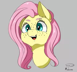 Size: 2373x2229 | Tagged: safe, artist:miokomata, artist:taurson, derpibooru import, fluttershy, pony, collaboration, cute, fangs, female, freckles, mare, shyabetes, simple background, smiling, solo