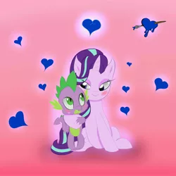 Size: 4000x4000 | Tagged: arrow through heart, artist:sweetstrokesstudios, blushing, derpibooru import, female, heart, hug, kiss mark, lipstick, male, safe, shipping, sparlight, spike, starlight glimmer, straight