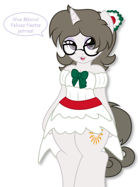 Size: 2126x2891 | Tagged: artist:digiqrow, chest fluff, clothes, derpibooru import, dress, flower, flower in hair, glasses, mexico, oc, oc:solaria, safe, semi-anthro, september 16th, simple background, speech bubble, transparent background, unofficial characters only