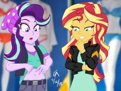 Size: 1024x768 | Tagged: safe, artist:mayorlight, derpibooru import, starlight glimmer, sunset shimmer, equestria girls, mirror magic, spoiler:eqg specials, beanie, belly button, clothes, digital art, hat, mannequin, midriff, open mouth, shirt, shirt lift, smiling, stock photo