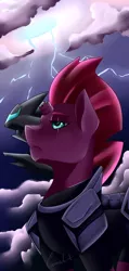 Size: 972x2048 | Tagged: safe, artist:crecious, derpibooru import, tempest shadow, pony, unicorn, airship, armor, broken horn, eye scar, female, horn, lightning, mare, scar, scar on the wrong side, solo, storm king's ship