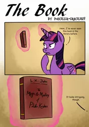 Size: 2900x4108 | Tagged: alicorn, artist:poecillia-gracilis19, book, comic, derpibooru import, glowing horn, horn, magic, potato knishes, safe, speech, talking, telekinesis, thinking, twilight sparkle, twilight sparkle (alicorn)