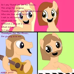 Size: 1000x1000 | Tagged: safe, artist:didgereethebrony, derpibooru import, earth pony, pony, abba, guitar, lyrics, musical instrument, piano, singing, song reference, text, thank you for the music