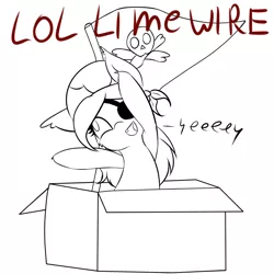 Size: 1280x1279 | Tagged: safe, artist:freefraq, derpibooru import, oc, bat pony, pony, bandana, bat pony oc, bat wings, box, eeee, eyepatch, flag, lazytown, limewire, lineart, pirate, pony in a box, skull, wings, you are a pirate