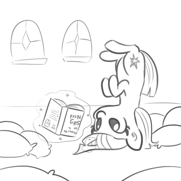 Size: 1280x1280 | Tagged: safe, artist:tjpones, derpibooru import, twilight sparkle, pony, unicorn, adorkable, book, cute, dork, female, levitation, magic, mare, monochrome, nerd, reading, silly, silly pony, sketch, solo, telekinesis, that pony sure does love books, twiabetes, upside down